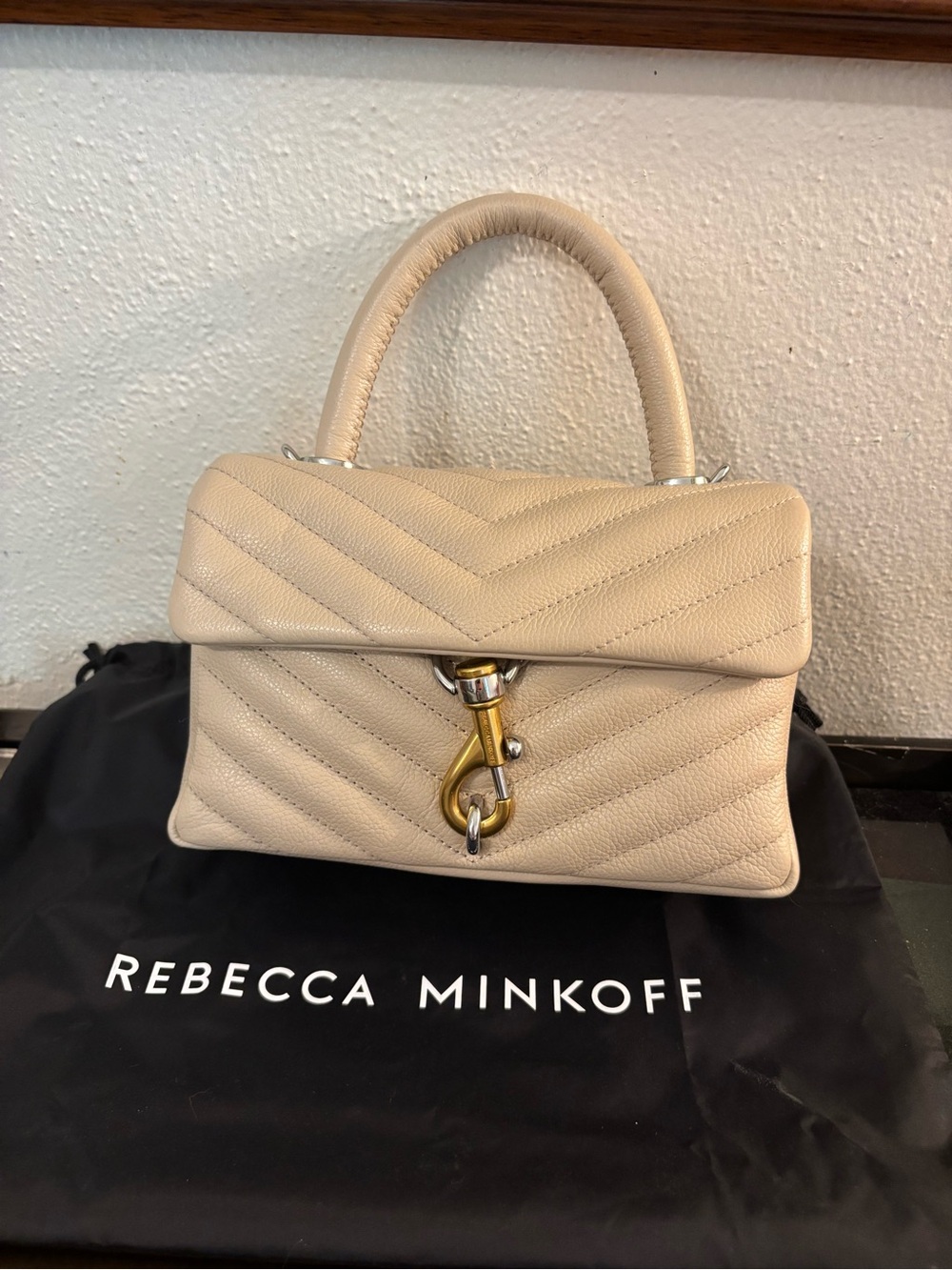 Authentic New Rebecca Minkoff Mini Edie Quilted Cream Top-Handle Purse